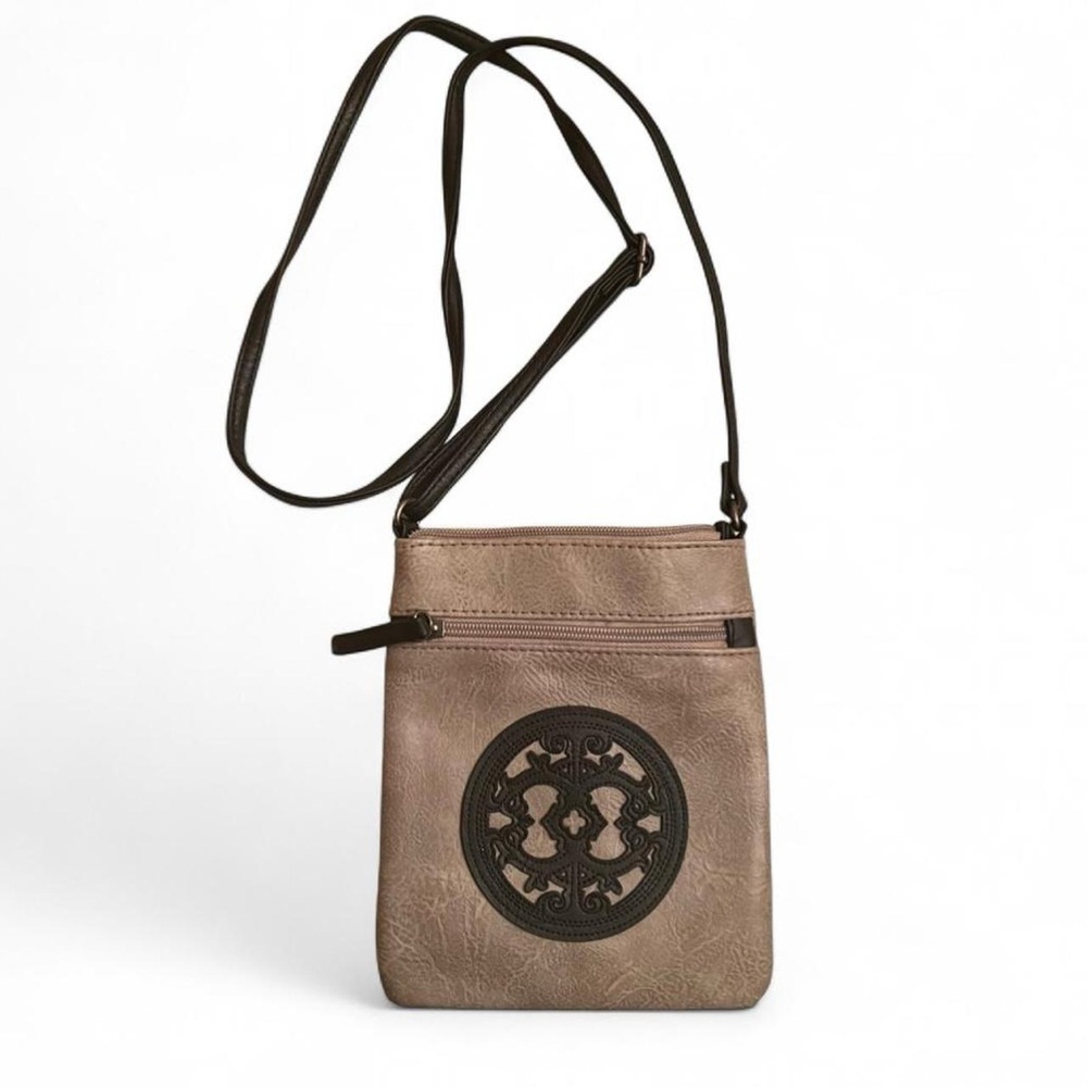 Taupe Crossbody Mini Bag with Dark Brown Decorative Medallion